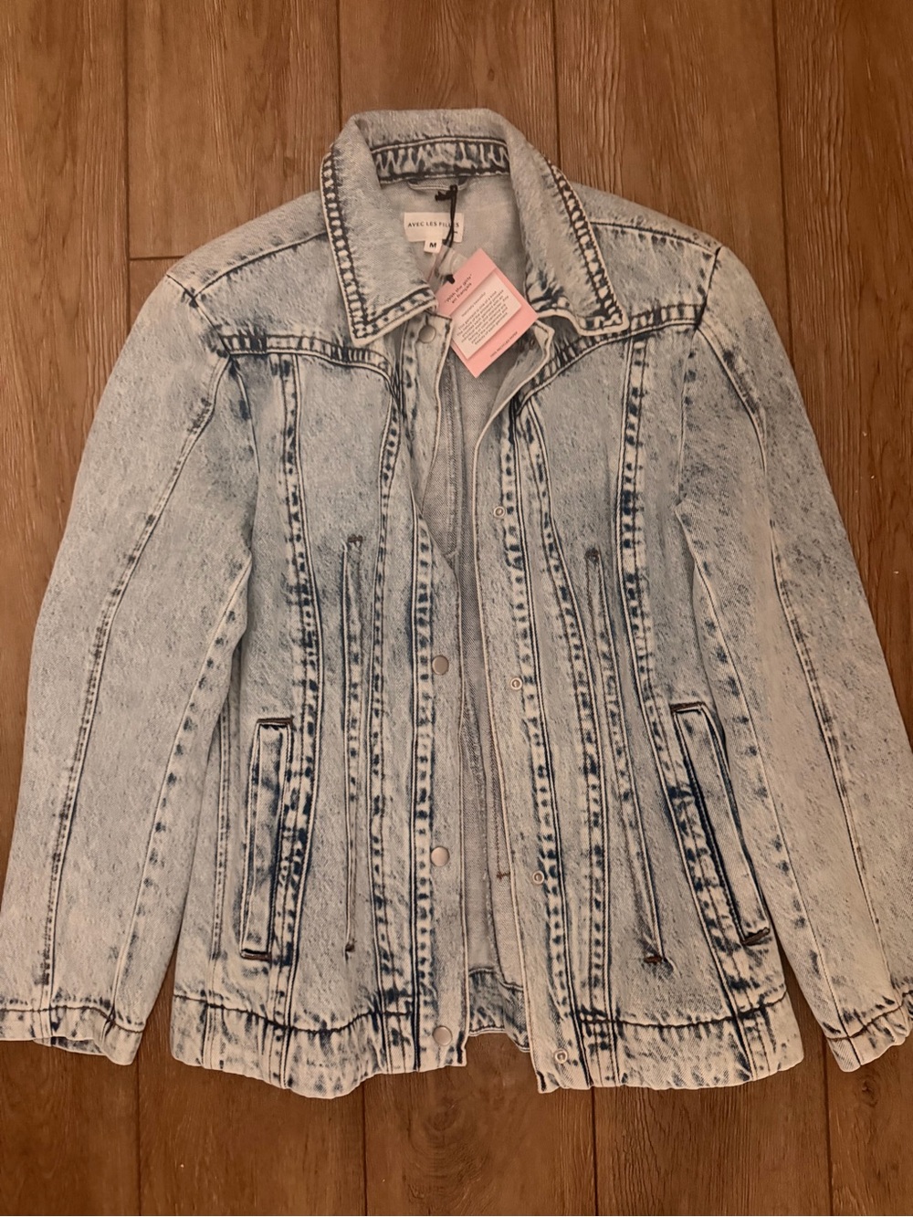 Avec Les Filles Acid-Wash Jean Jacket in Light Blue and White